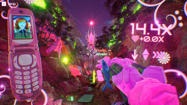 Screenshot from "Don't Stop, Girlypop!" showing a neon jungle, a flip phone display, and a character aiming a glowing weapon.