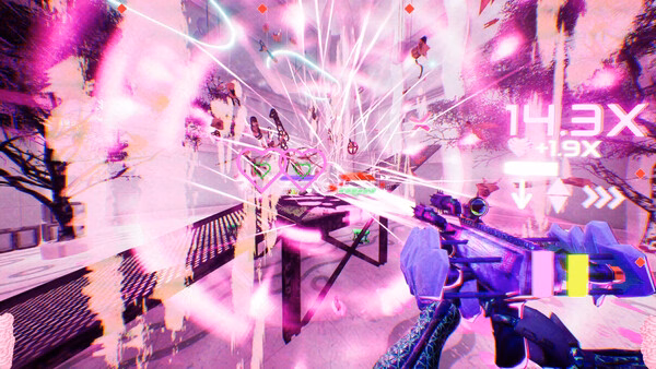 Screenshot from 'Don't Stop, Girlypop!' showing a vibrant pink battle scene with a weapon firing lasers and score multiplier displayed.