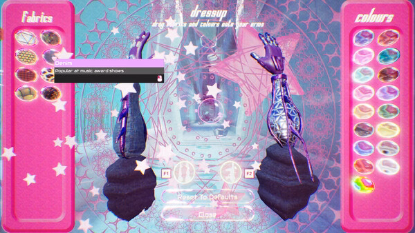 Screenshot from 'Don't Stop, Girlypop!' showing a dress-up menu with fabric and color options, featuring a robotic arm design.