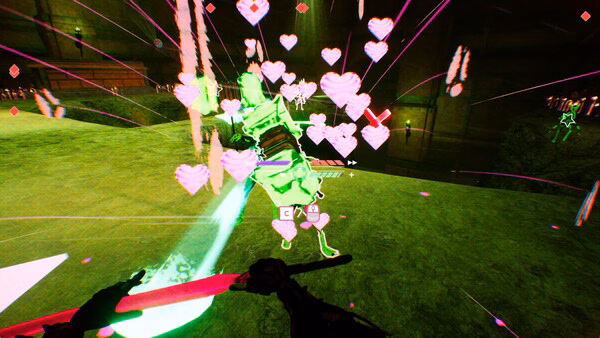 Screenshot from "Don't Stop, Girlypop!" showing a glowing green enemy surrounded by pink heart effects during combat.