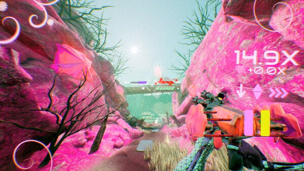 A vibrant screenshot from "Don't Stop, Girlypop!" shows a player navigating a neon pink canyon with a futuristic weapon.