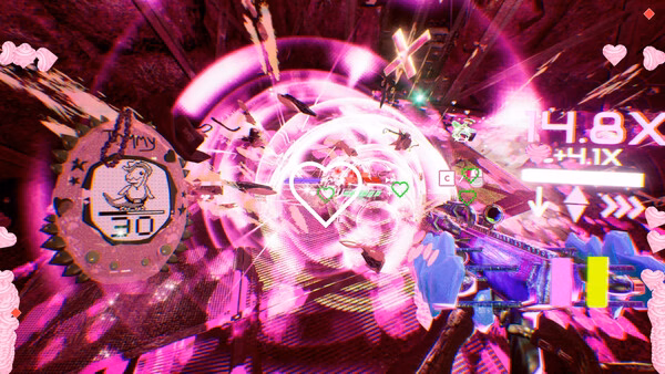 Screenshot from 'Don't Stop, Girlypop!' showing a vibrant, neon combat scene with a character firing at flying enemies.