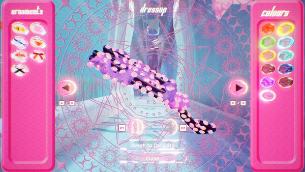 Screenshot from "Don't Stop, Girlypop!" showing a dress-up menu with ornaments, colors, and a purple accessory in focus.