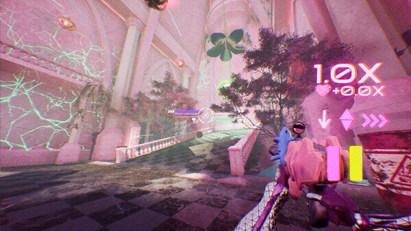 Screenshot from "Don't Stop, Girlypop!" showing a vibrant hallway with neon effects, a weapon, and HUD elements on screen.