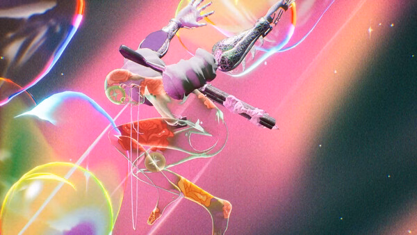 Screenshot from 'Don't Stop, Girlypop!' showing a surreal figure with colorful, abstract elements floating in a vibrant space.