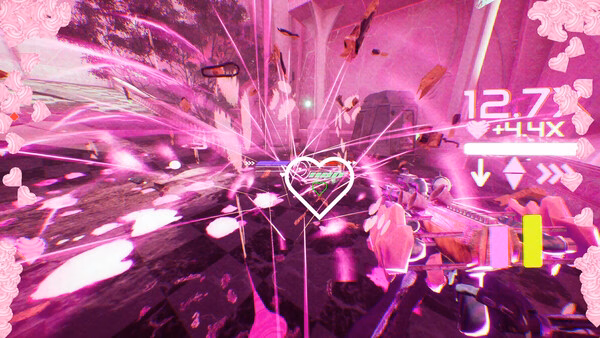 Screenshot from 'Don't Stop, Girlypop!' showing a vibrant pink combat scene with hearts, effects, and a player aiming a weapon.