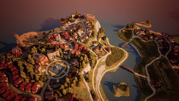 A "Town to City" screenshot showing a vibrant town with winding roads, lush greenery, and buildings near rivers and hills.