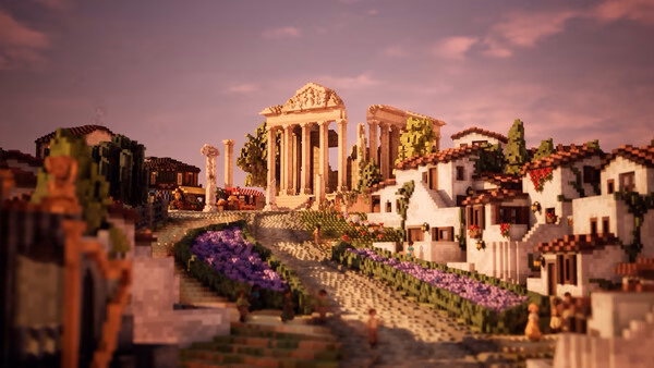 A Town to City screenshot showing a vibrant village with white houses, purple flowers, and a grand temple in the background.