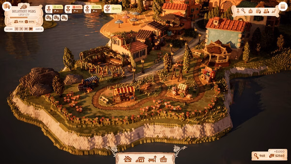 Screenshot from Town to City showing a vibrant coastal village with shops, pathways, and detailed houses on a small island.