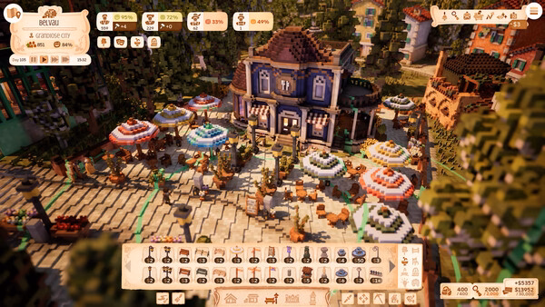 Screenshot from the game Town to City showing a bustling town square with colorful umbrellas, shops, and people.