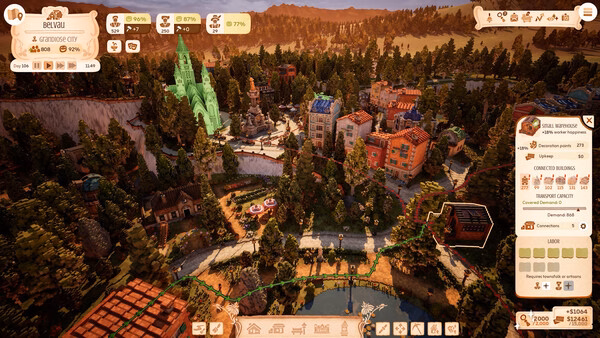 Screenshot from Town to City showing a vibrant town with colorful buildings, trees, a river, and a glowing green cathedral.