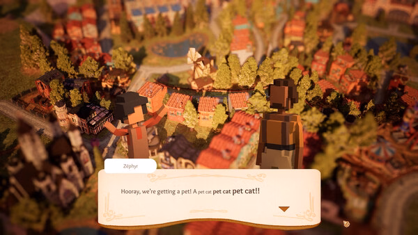 Screenshot from Town to City showing two characters in a lively village with houses, trees, and a windmill in the background.