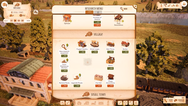 Screenshot of the game Town to City showing the research menu with upgrade options and a small town in the background.