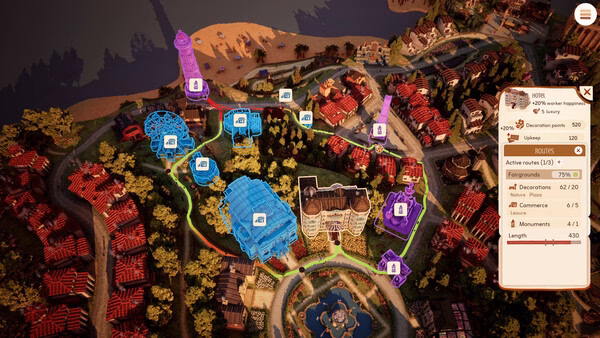 Screenshot from Town to City showing a colorful city map with highlighted routes, buildings, and a stats panel on the right.