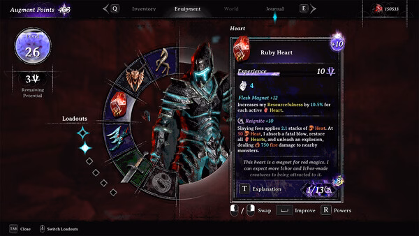 Screenshot from the game VOIN showing the equipment menu with a highlighted item, "Ruby Heart," and its stats and abilities.