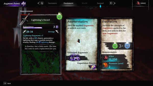 Screenshot from VOIN showing the equipment menu with details of a Lightning Sword and augmentation options.