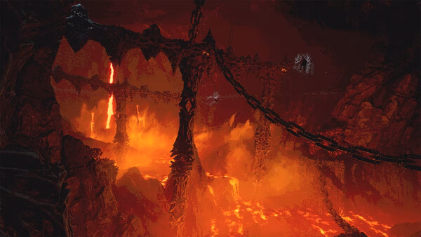 A fiery cavern with molten lava, chains, and jagged rock formations in a VOIN game screenshot.