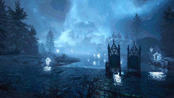 Screenshot from VOIN showcasing a serene, mystical lakeside scene with glowing lanterns and ornate chairs under a starry sky.