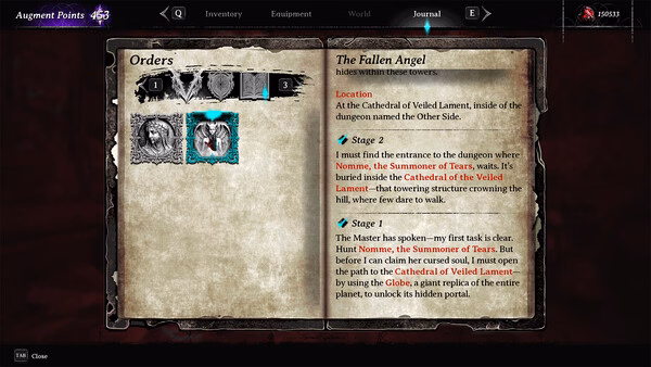 VOIN screenshot: Journal screen showing quest details for "The Fallen Angel," with objectives and location descriptions visible.
