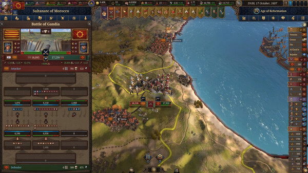 Screenshot from Europa Universalis V showing a detailed battle map with armies engaged in the Battle of Gandia near a coastline.