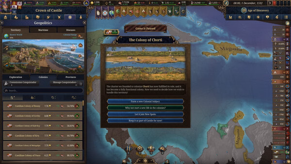 Screenshot from Europa Universalis V showing a decision menu for founding a colony in Chorti, with options to choose the colony's focus.