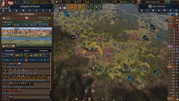 Screenshot from Europa Universalis V showing the Kingdom of Poland map with city details and military units in view.