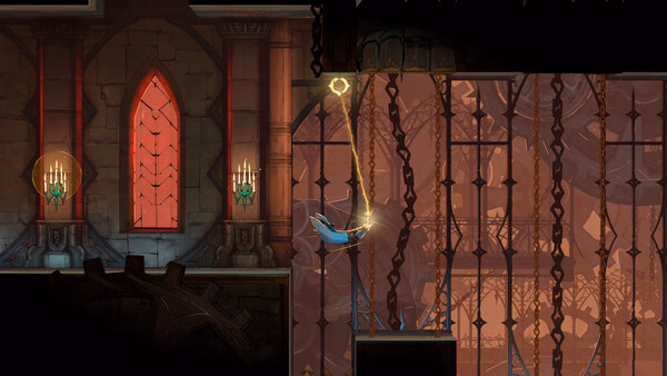 Screenshot from Castlevania: Belmont's Curse showing a hero swinging on a glowing chain in a gothic castle with red windows.