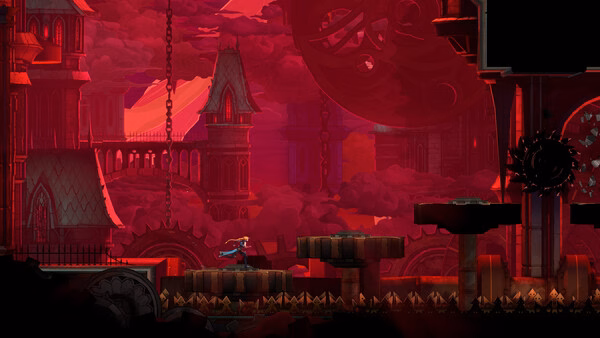 Screenshot from Castlevania: Belmont's Curse showing a character traversing a gothic, red-hued castle with spiked traps below.