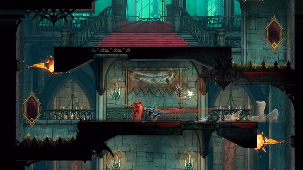 Screenshot from Castlevania: Belmont's Curse showing a battle in a gothic castle interior with a red demon enemy.