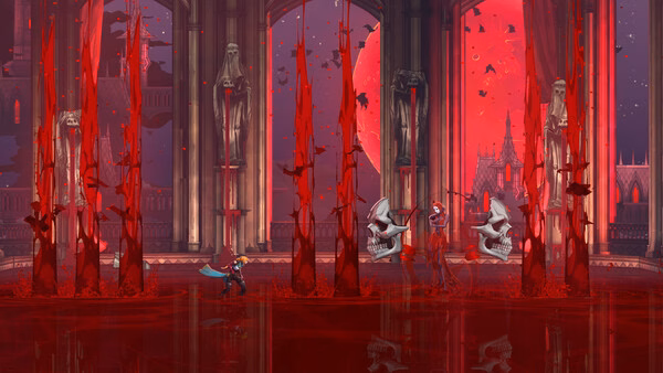 Screenshot from Castlevania: Belmont's Curse showing a hero battling giant skull enemies in a blood-red gothic castle.