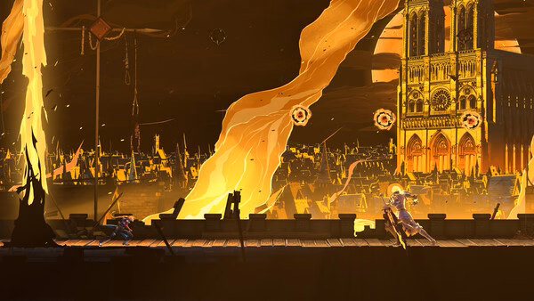 Screenshot from Castlevania: Belmont's Curse showing a dramatic battle on a fiery bridge with a cathedral in the background.