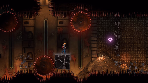 Screenshot from Castlevania: Belmont's Curse showing a character navigating a trap-filled dungeon with spinning blades and glowing symbols.