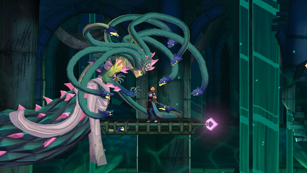 Screenshot from Castlevania: Belmont's Curse showing a hero facing a multi-headed serpent boss in a glowing, eerie dungeon.