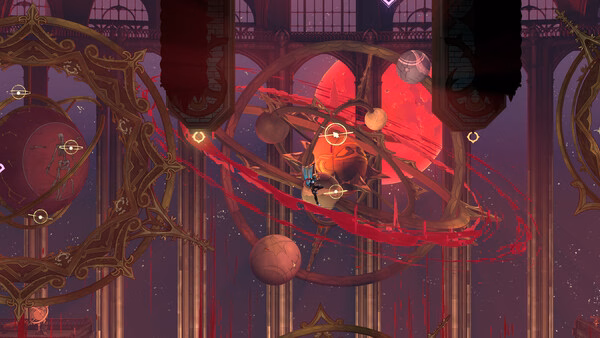 Screenshot from "Castlevania: Belmont's Curse" showing a character navigating a gothic hall with red celestial machinery.