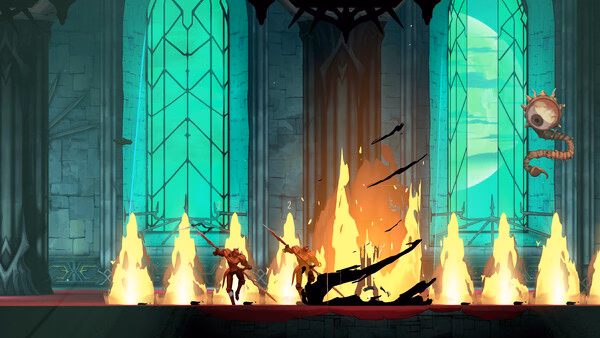Screenshot from Castlevania: Belmont's Curse showing a fiery battle in a gothic hall with two characters and a floating eye creature.