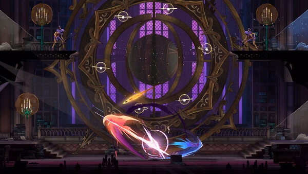 Screenshot from Castlevania: Belmont's Curse showing a grand hall with glowing magical energy swirling near a large clock.