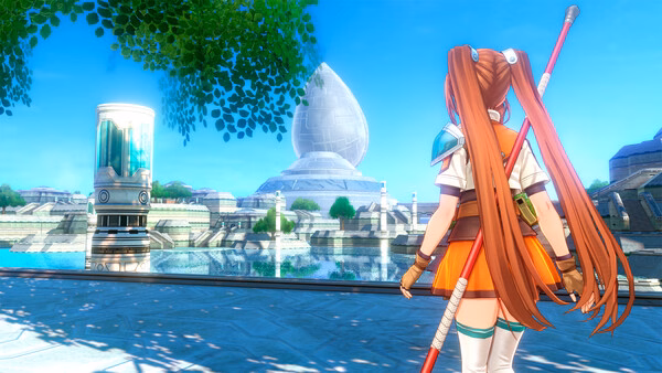 A screenshot from Trails in the Sky 2nd Chapter showing a character with a staff overlooking a serene lake and futuristic architecture.