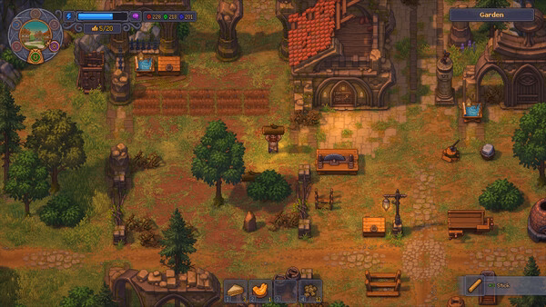 Graveyard Keeper 2 screenshot: A character stands in a vibrant garden area surrounded by crops, benches, and buildings.