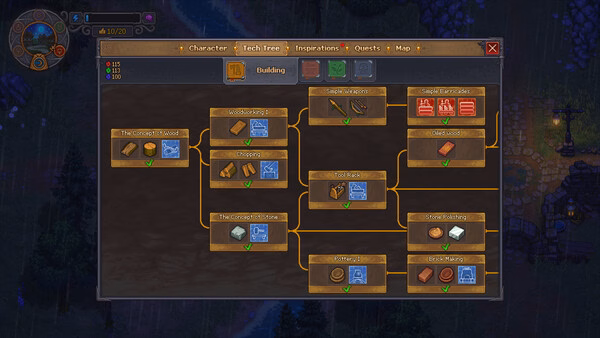 Graveyard Keeper 2 screenshot: A tech tree menu displaying various building upgrades, resources, and tools available for crafting.