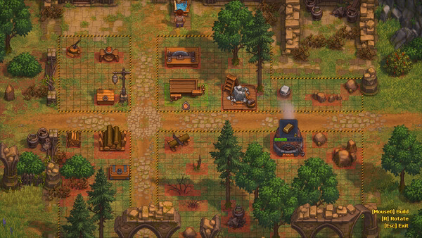 A Graveyard Keeper 2 screenshot showing a workshop area with crafting stations, tools, and a furnace in a medieval village setting.
