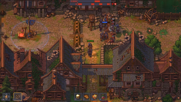 A Graveyard Keeper 2 screenshot showing a village scene with medieval buildings, characters, and a combat encounter in progress.
