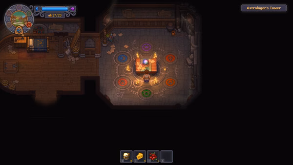 A screenshot from Graveyard Keeper 2 showing a character in Astrologer's Tower surrounded by glowing magical circles.