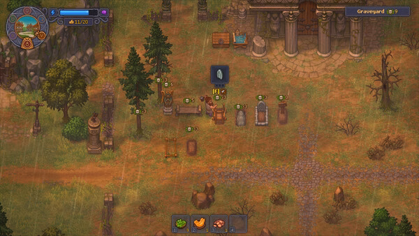 A Graveyard Keeper 2 screenshot showing a character tending to graves in a rainy graveyard with surrounding trees and ancient ruins.