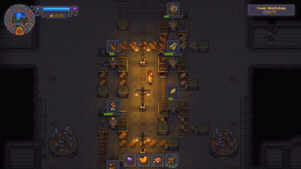 A screenshot from Graveyard Keeper 2 showing a workshop with crafting stations, resources, and lit torches in a dungeon-like setting.