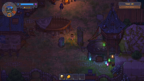 A screenshot from Graveyard Keeper 2 showing the player standing in a rainy village at night near lit buildings and a boat.
