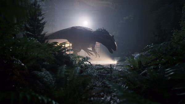 A screenshot from The Lost Wild shows a dinosaur prowling through a dense, shadowy forest illuminated by bright lights.