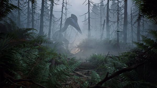 A screenshot from The Lost Wild showing a misty forest with a large dinosaur-like creature emerging through the trees.