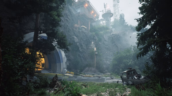 A screenshot from The Lost Wild showing a misty forest scene with a tunnel entrance, a wrecked car, and a building atop a rocky hill.