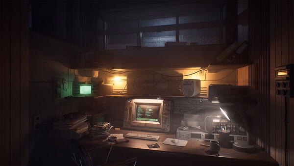 A screenshot from The Lost Wild showing a dimly lit desk with a glowing computer monitor and scattered office items.