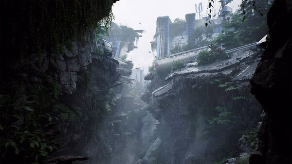 A screenshot from The Lost Wild showing a misty canyon with overgrown vegetation and remnants of abandoned structures.